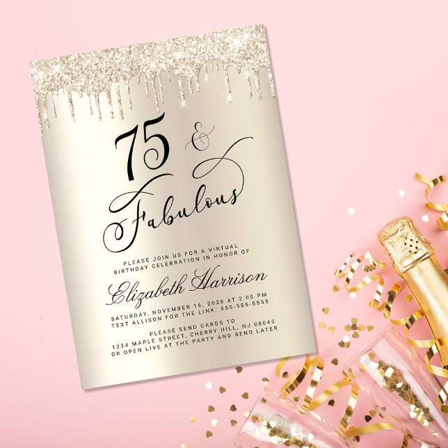 Elegant Glitter, Virtuella Födelsedagsfesten 75:e Inbjudningar (Celebrate her 75 years of sparkle with an elegant gold glitter birthday party invitation  🎉 🎂 🥂)