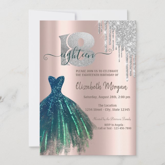 Elegant glitterdroppar grön klänning 18-årsdag inbjudningar (Framsida)