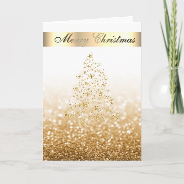 Elegant, glitterig, bokeh, falsk julgran i guld helgkort (Framsida)