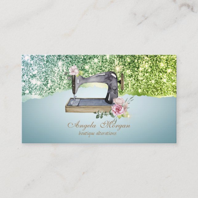 Elegant glitterkant blomstyrd symaskin visitkort (Framsida)