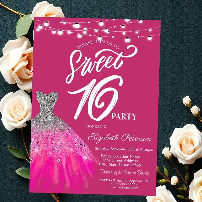 Elegant glitterklänning strängljus Sweet 16 Inbjudningar (Skapare uppladdad)