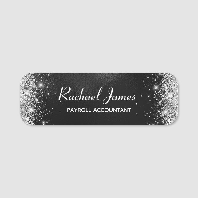 Elegant Glittery Black Foil Namn bricka Namnbricka (Framsida)