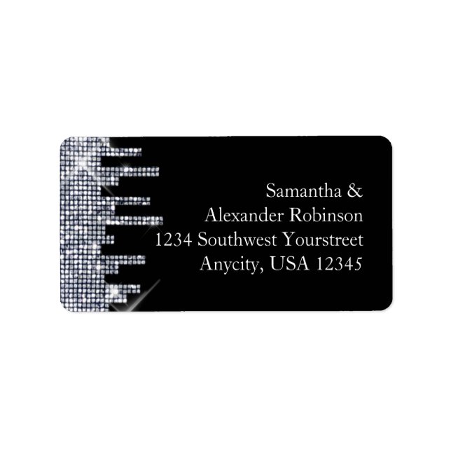 Elegant Glittery Black/Silver Glamor Adressetikett (Framsidan)