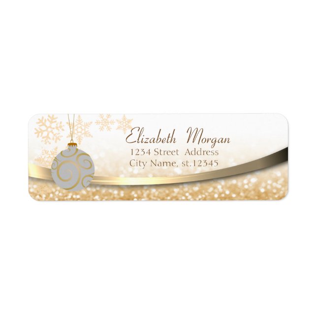 Elegant Glittery Bokeh, Jul Boll, Snöflingor Returadress Etikett (Framsidan)