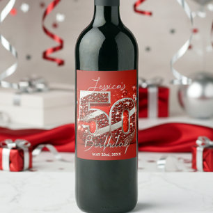 Elegant Glittery Red och Silver 50:e födelsedagen Vinflaska Etikett