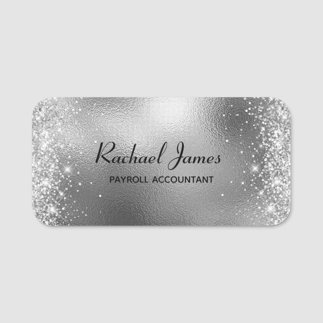 Elegant Glittery Silver Foil Namn bricka Namnbricka (Framsida)