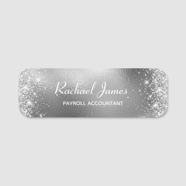 Elegant Glittery Silver Foil Namn bricka Namnbricka (Framsida)