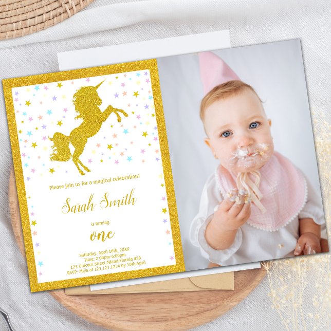 Elegant Gnistra Party för flickor Inbjudningar (Golden Unicorn Birthday Invitations with photo)