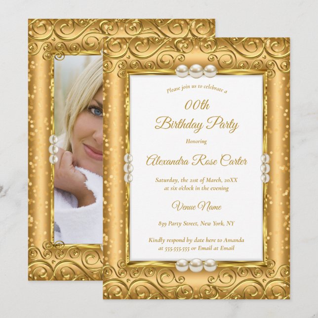 Elegant GNISTRA Vita Pearl-foto Birthday Inbjudningar (Fram/baksida)
