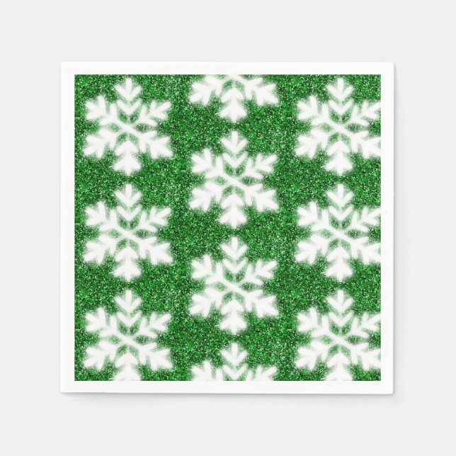 Elegant gnistrande glitter grön frostig snöflinga pappersservett (Framsidan)