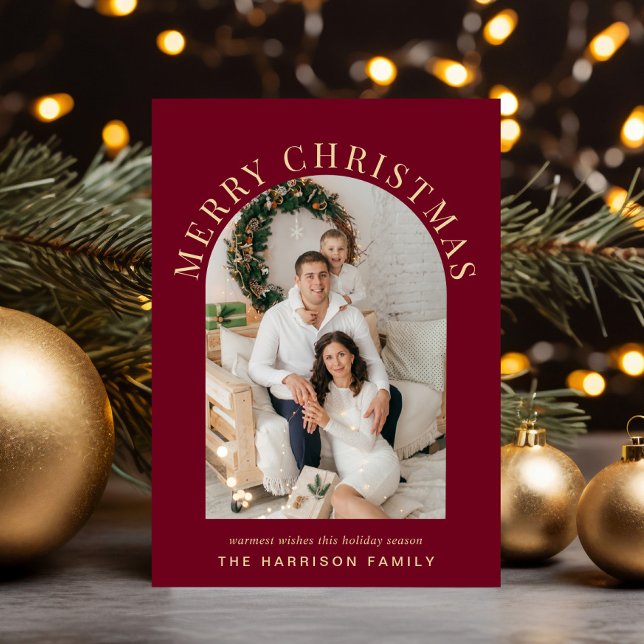 Elegant God jul Arch Photo Burgundy Julkort (Share the love and warmth of the season with an elegant arch photo Christmas card)