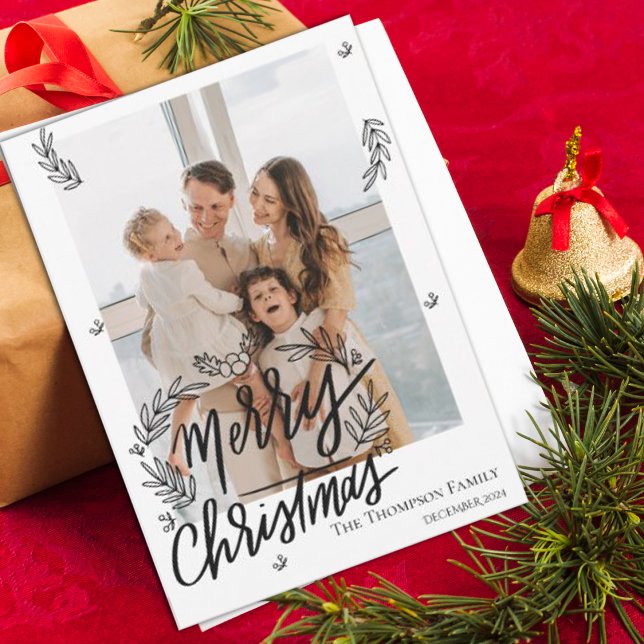 Elegant God jul Black White Family Photo Julkort (Elegant Merry Christmas Black White Family Photo Holiday Card)