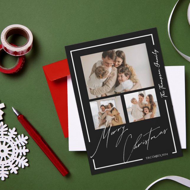 Elegant God jul Black White Multi Photo Julkort (Elegant Merry Christmas Black White Multi Photo Holiday Card)