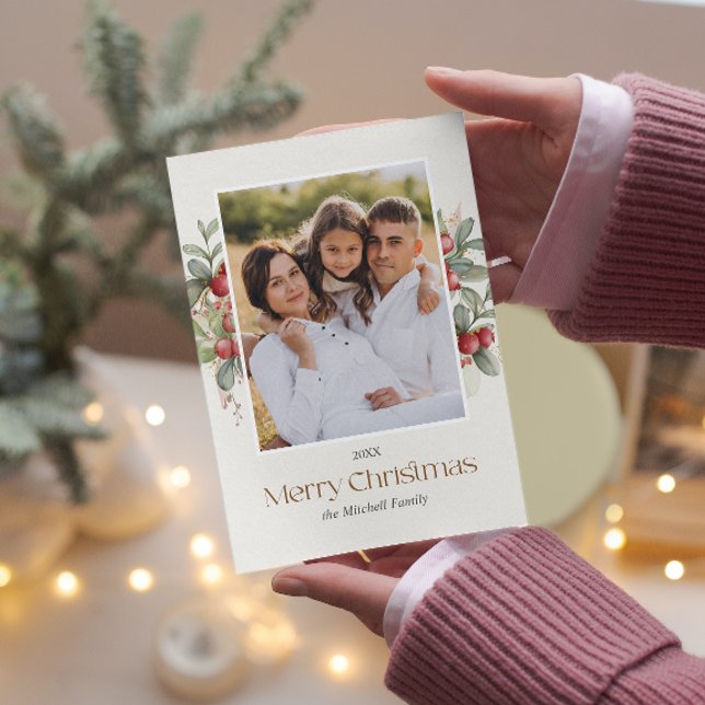 Elegant God jul Blommigt Berries PHOTO Julkort (Botanical Christmas photo card with berries and leaves in classic holiday colors and photo)