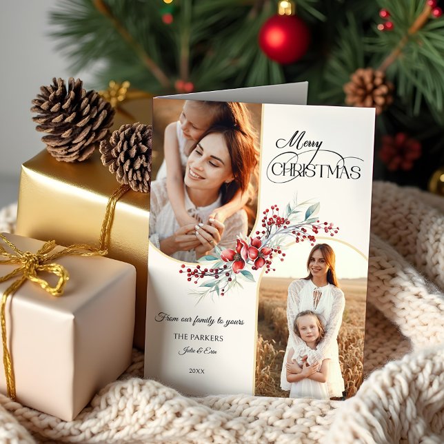 Elegant God jul Blommigt Guld Arch 2-foto Helgkort (Skapare uppladdad)