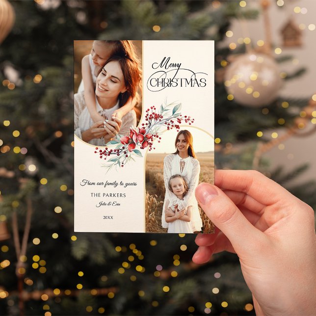 Elegant God jul Blommigt Guld Arch 2-foto Julkort (Skapare uppladdad)