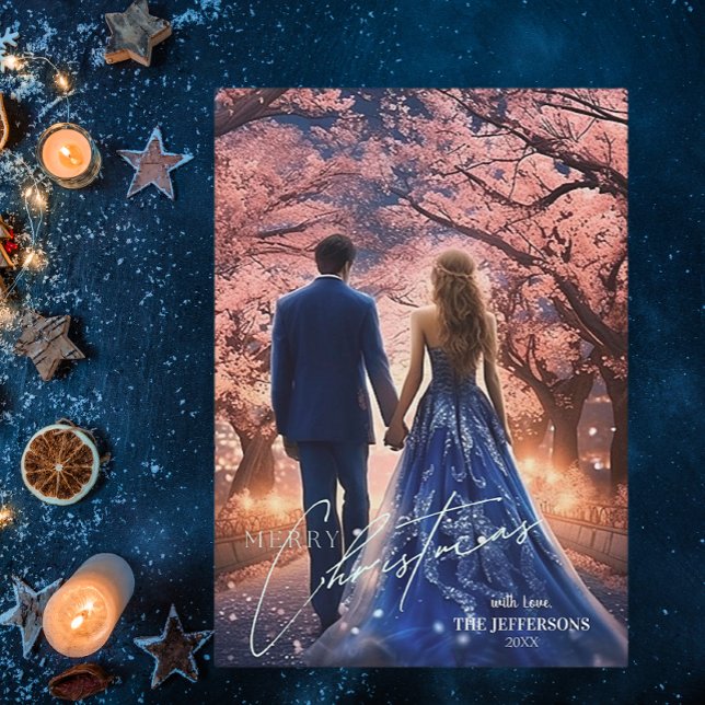 Elegant God jul Blue Rosa Blommigt Photo Julkort (Skapare uppladdad)