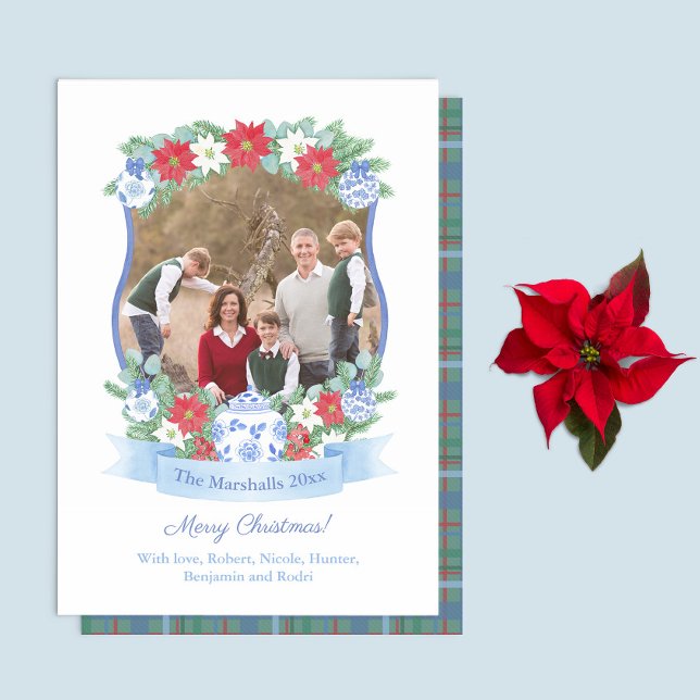 Elegant God jul Botaniskt Ram Bild Julkort (Botanical Photo Frame in blue white and red holidays card with tartan reverse)