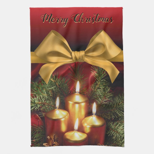 Elegant "God jul" Bow och Candles Guld Kökshandduk (Vertikal)
