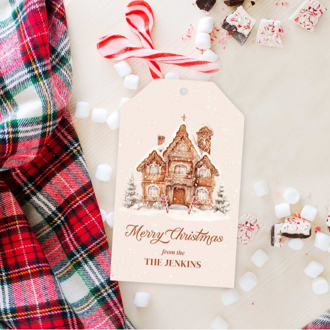 Elegant God jul Gingerbröd House Presentetikett (Merry Christmas Personalized Gift Tag)