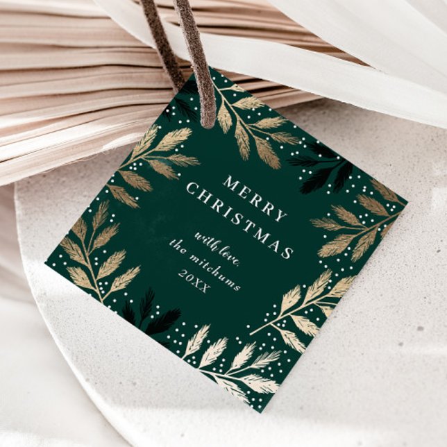 Elegant God Jul Guld Gren Holiday Gåvor Etiketter (Elegant gold branch green christmas gift tag.)