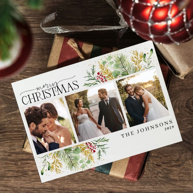 Elegant God jul Guld Red Berries Foto Julkort (Skapare uppladdad)