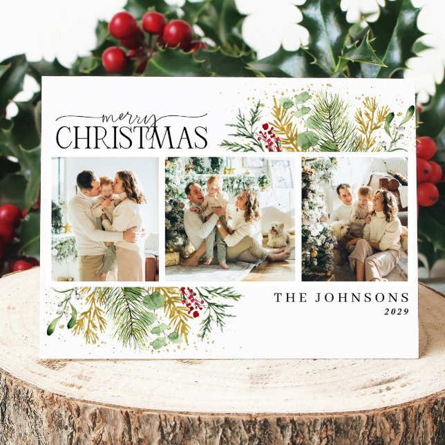 Elegant God jul Guld Red Berries Foto Julkort (Skapare uppladdad)