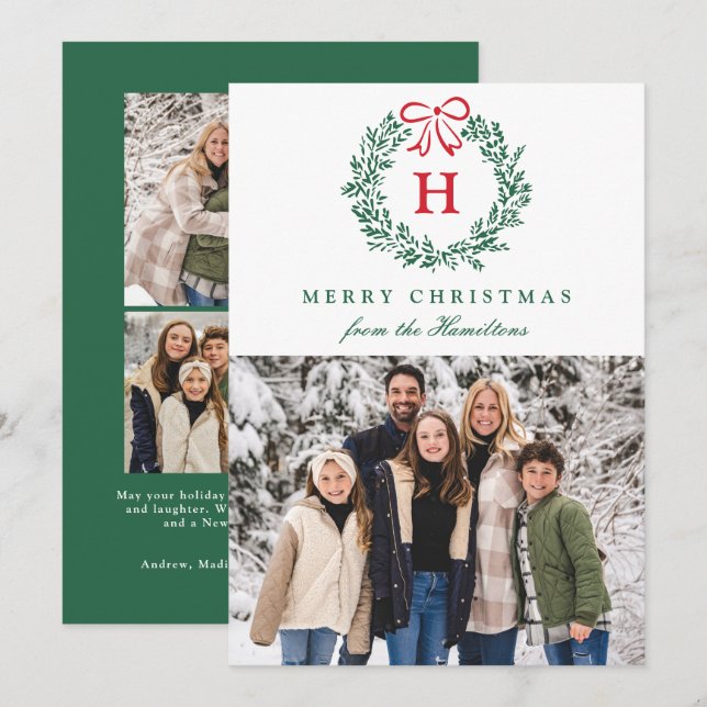 Elegant God Jul Krans Monogram 4 Foto Julkort (Fram/baksida)
