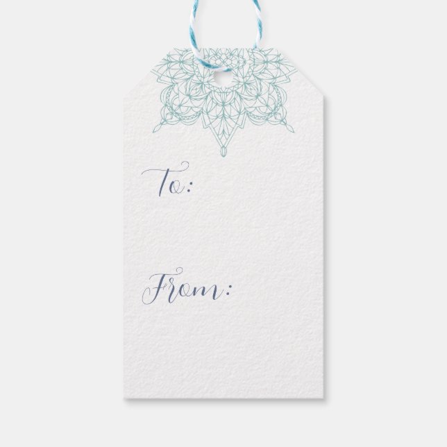Elegant "God jul" med Aqua Snöflingor Presentetikett (Baksidan)