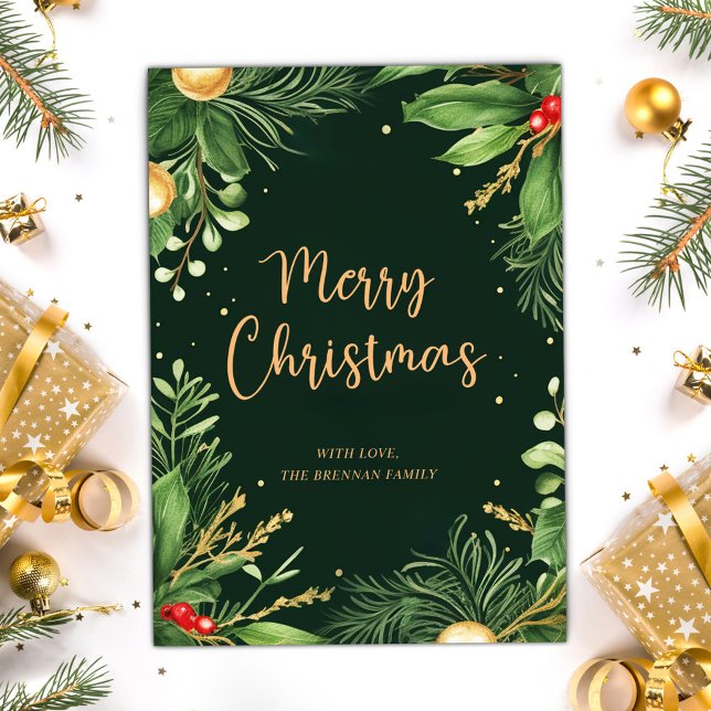 Elegant God jul Modern Botaniska Grey Julkort (Elegant Merry Christmas Modern Botanical Greenery Holiday Card)