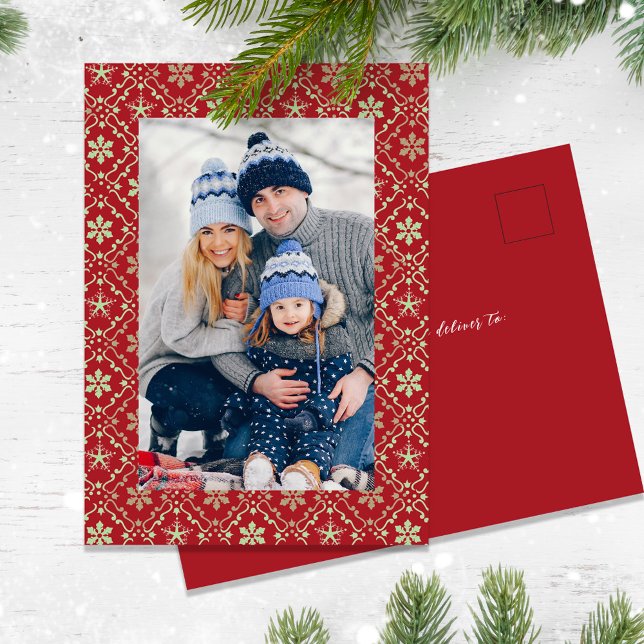 Elegant God jul One Photo Snowflake Helg Vykort (Christmas holiday red snowflake photo postcard. )