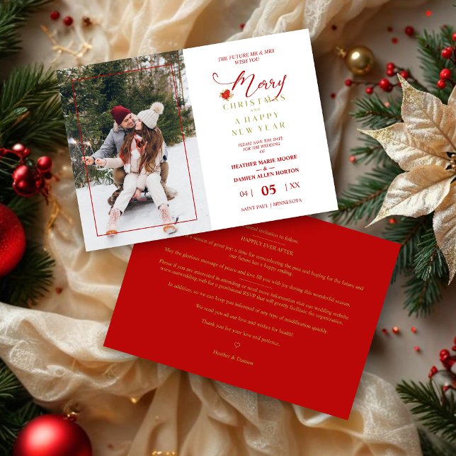 Elegant God jul Poinsettias andedräkt Foto Spara Datumet (Merry Christmas Poinsettias Wreath Photo Wedding MR & MRS Couple Save the Date with Envelope.)