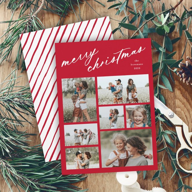 Elegant God jul Script Typografi 7 foto Julkort (Minimal script merry christmas red and white multi photo collage holiday card with stripe backer.)