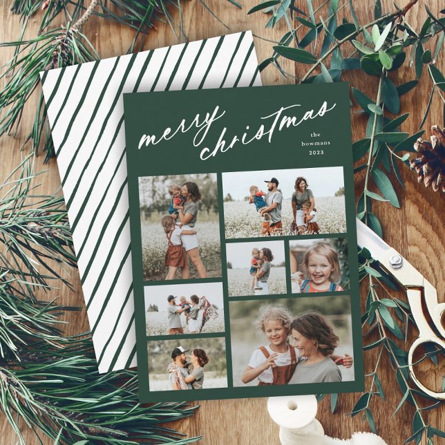 Elegant God jul Script Typografi 7 foto Julkort (Minimal script merry christmas green multi photo collage holiday card with stripe backer.)