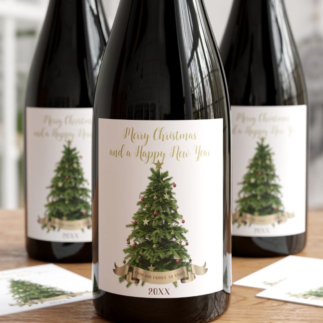 Elegant God jul Träd från vår familj Namn Vinflaska Etikett (A festive Christmas Tree wine label with space for your greeting and year)
