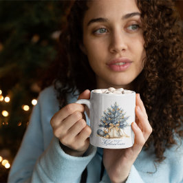 Elegant God jul Träd Guld, blå vattenfärg Kaffemugg