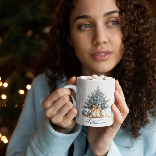 Elegant God jul Träd Guld, blå vattenfärg Kaffemugg (Skapare uppladdad)