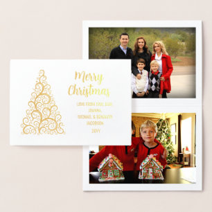Elegant God jul Träd Julafton 2 Foton Guld Folierat Kort