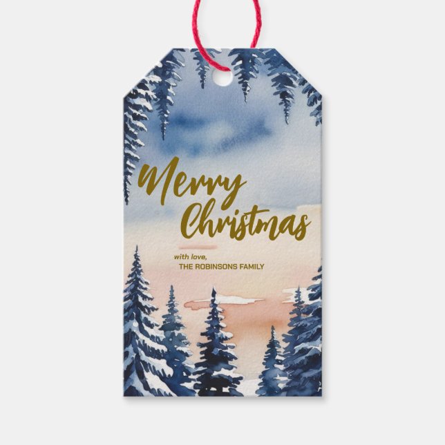 Elegant God jul träd-skogsskript Helgdag Guld Presentetikett (Framsidan)