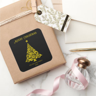 Elegant God jul Träd Stickers Black Fyrkantigt Klistermärke