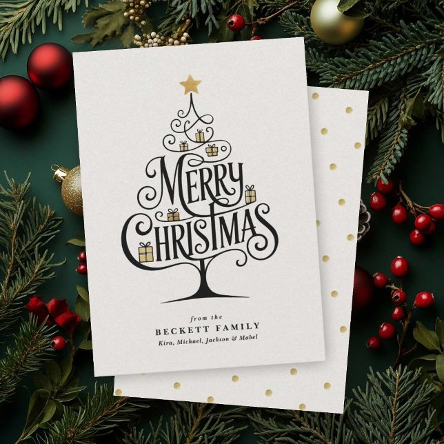 Elegant “God Jul” Typografi Träd Familj Julkort (Festive greeting with a swirling black “Merry Christmas” script shaped as a tree)