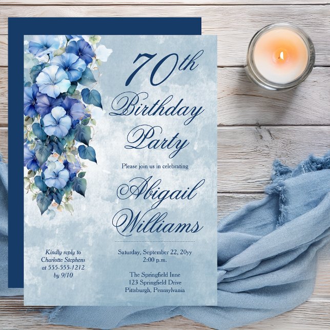 Elegant God morgon Glories Blue Blommigt 70:e föde Inbjudningar (Boho Elegant Morning Glories Blue Floral 70th Birthday Party Invitation - Print | Digital Download)