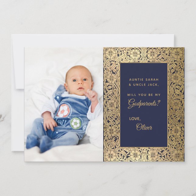 Elegant Godparent Frieri Guld Blue Photo Card Tack Kort (Framsida)