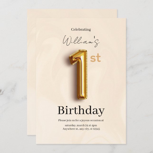 Elegant Gold 1st Birthday Invite, Minimalist Boy  Inbjudningar (Fram/baksida)