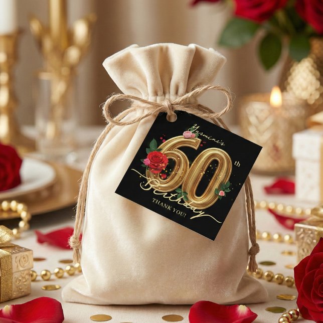 Elegant Gold 60th Birthday Red Pink Rose Black Gåvor Etiketter (Skapare uppladdad)