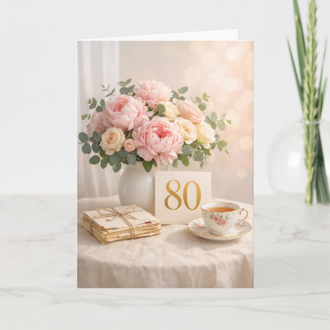 Elegant Gold “80” Floral Tea Party 80th Birthday Kort (Framsida)
