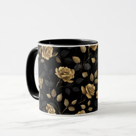 Elegant Gold Accent Rose Black Floral Pattern Mugg