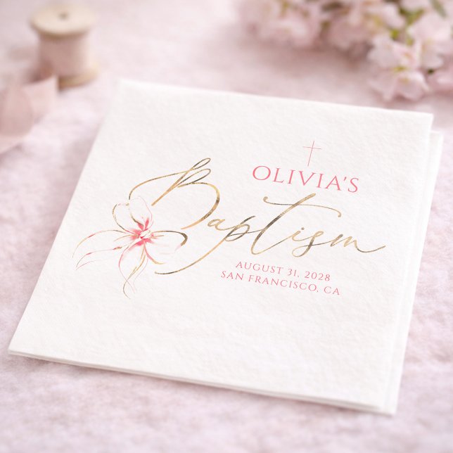 Elegant Gold and Pink Bow Girl Baptism Pappersservett (Pink Bow Baptism Napkins )