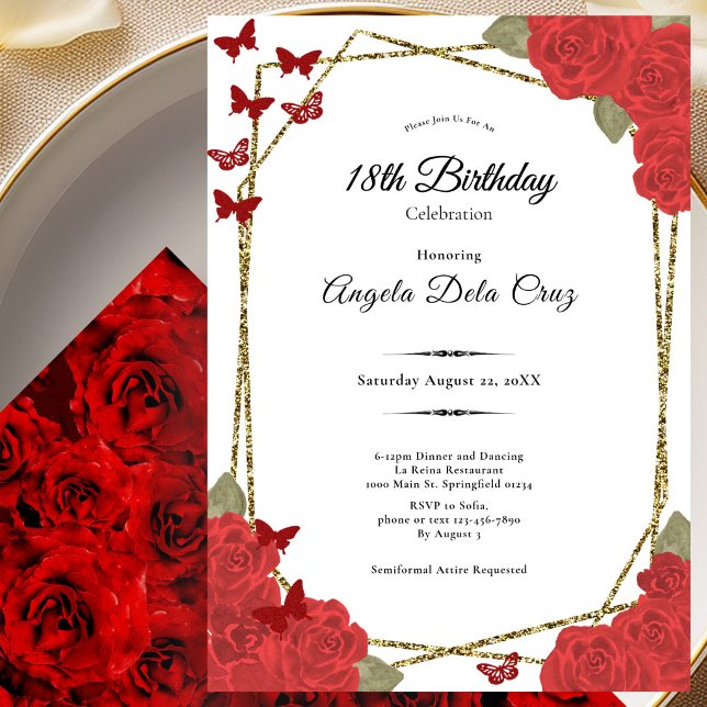 Elegant Gold and Red Roses 18th Birthday Debut Inbjudningar (Skapare uppladdad)