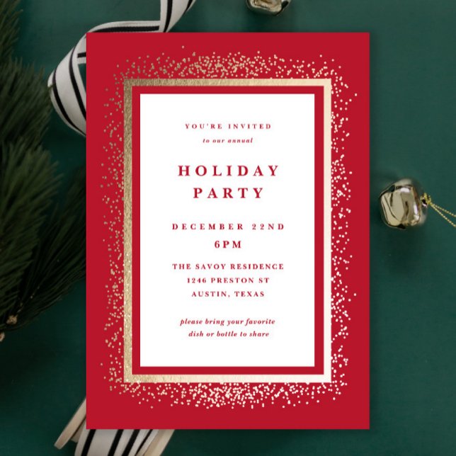 Elegant Gold and Red Sparkle Holiday Party Inbjudningar (Elegant red and gold sparkle traditional holiday party invitations.)